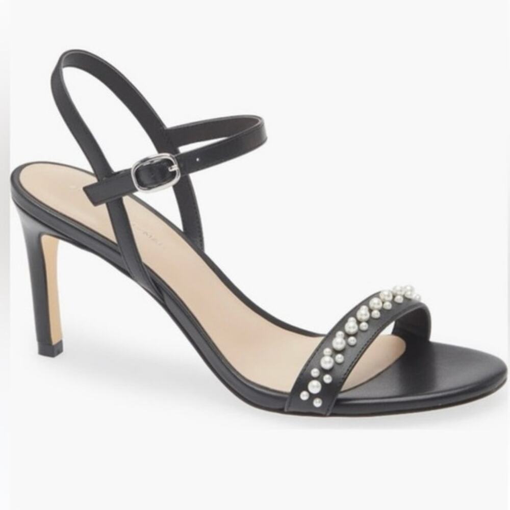 NWOB Stuart Weitzman Dancer Faux Pearl Sandal in Black Leather SZ 8.5